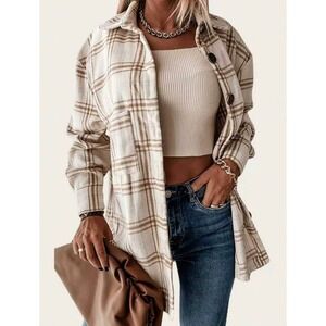 Plaid Oversized Shacket Button Down Shirt Jacket Cream Tan Brown Medium